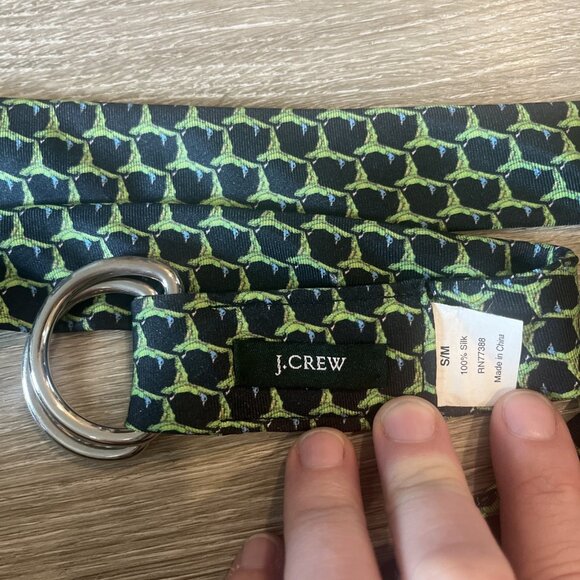J. Crew Silk Ribbon Belt Blue Ducks Womens Sz Small/Med D-Ring Preppy - Picture 1 of 4